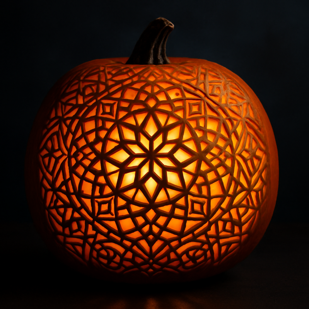 Intricate geometric patterned pumpkin glowing in the dark