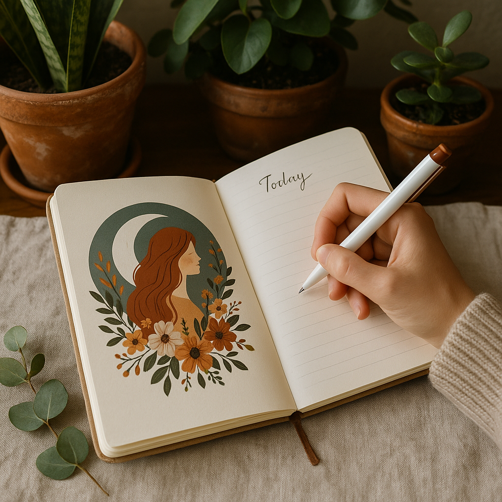 Person writing in a creatively designed diary with plants in the background