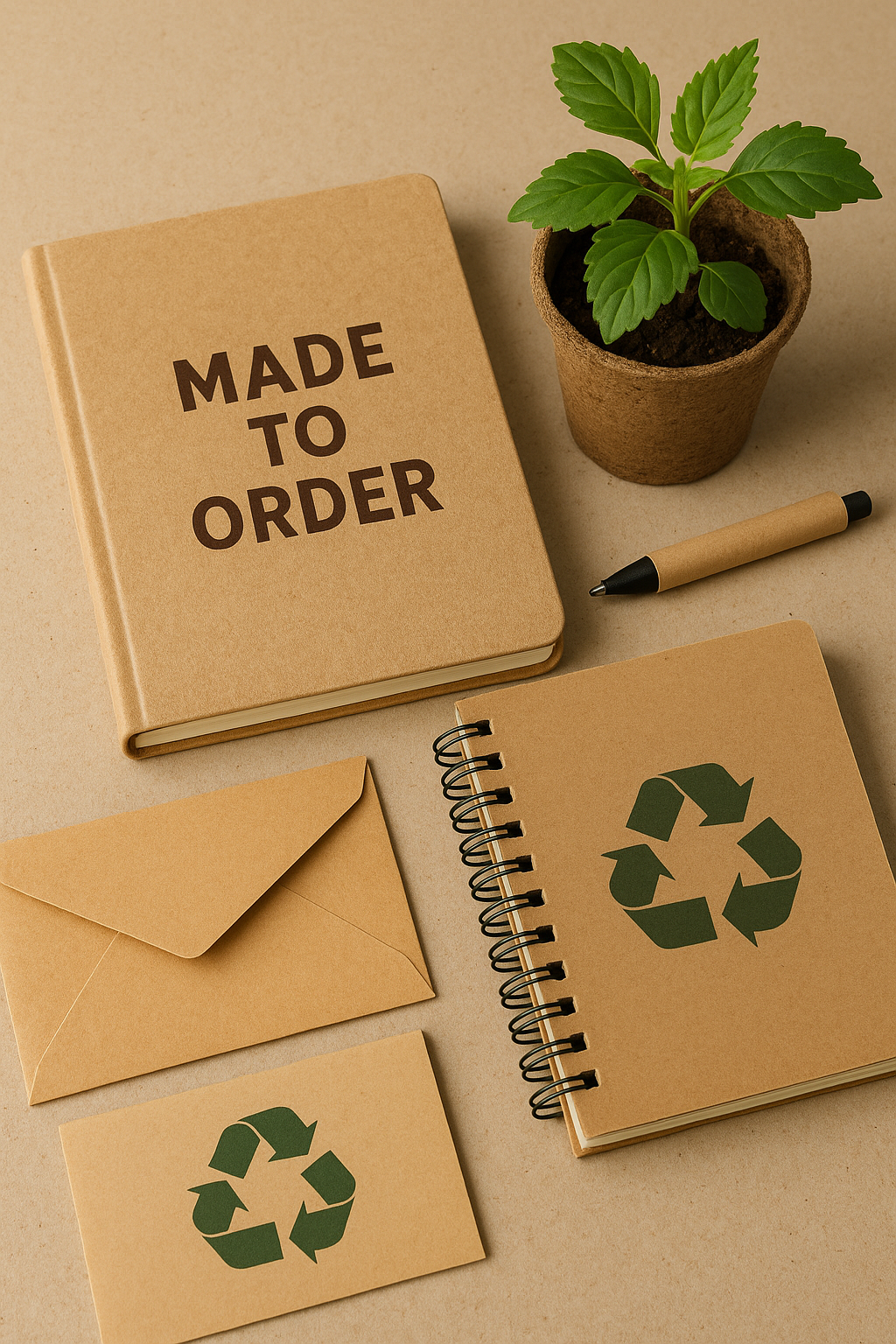 Eco-friendly diary with recyclable stationery and a plant