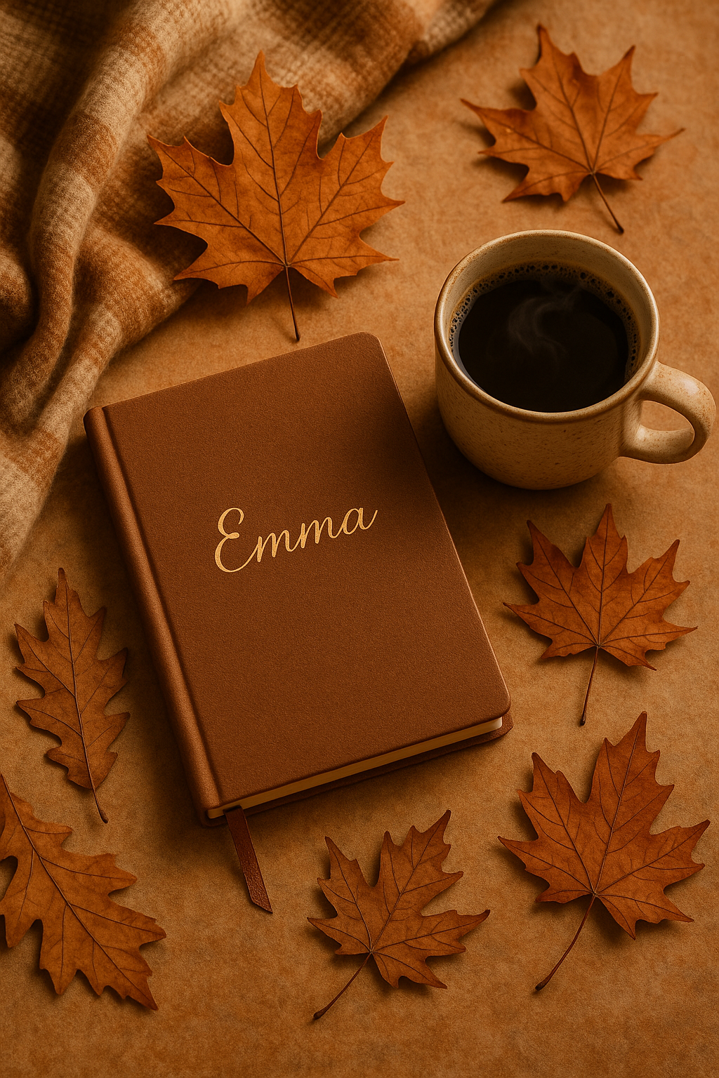 Escena acogedora de otoño con un diario personalizado entre hojas secas y una taza de café humeante.