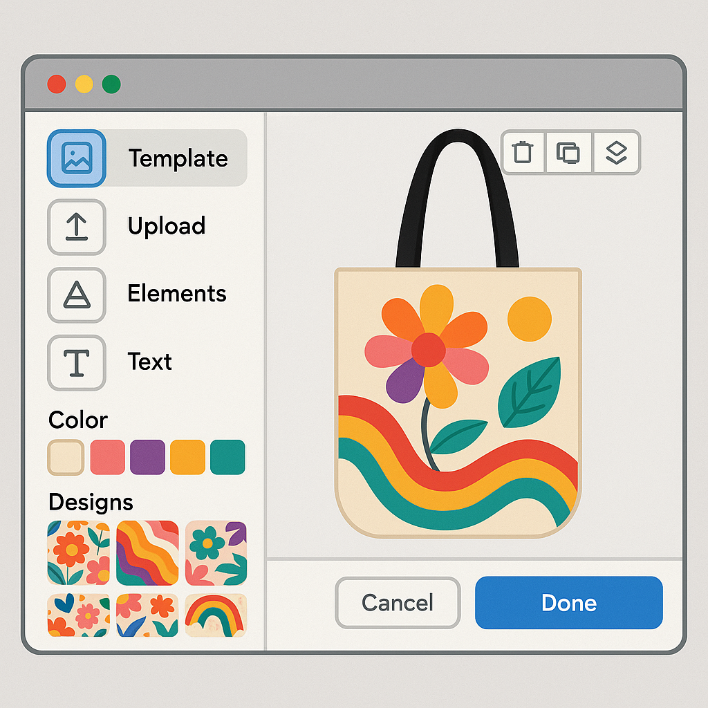 Interfaz de diseño de fácil uso en pantalla con opciones de personalización para una bolsa de tela