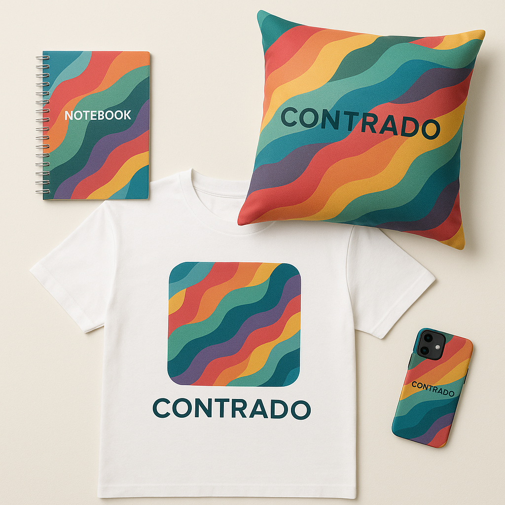 Distribución plana de diferentes productos de Contrado, como una camiseta personalizada, un cuaderno y un cojín decorativo