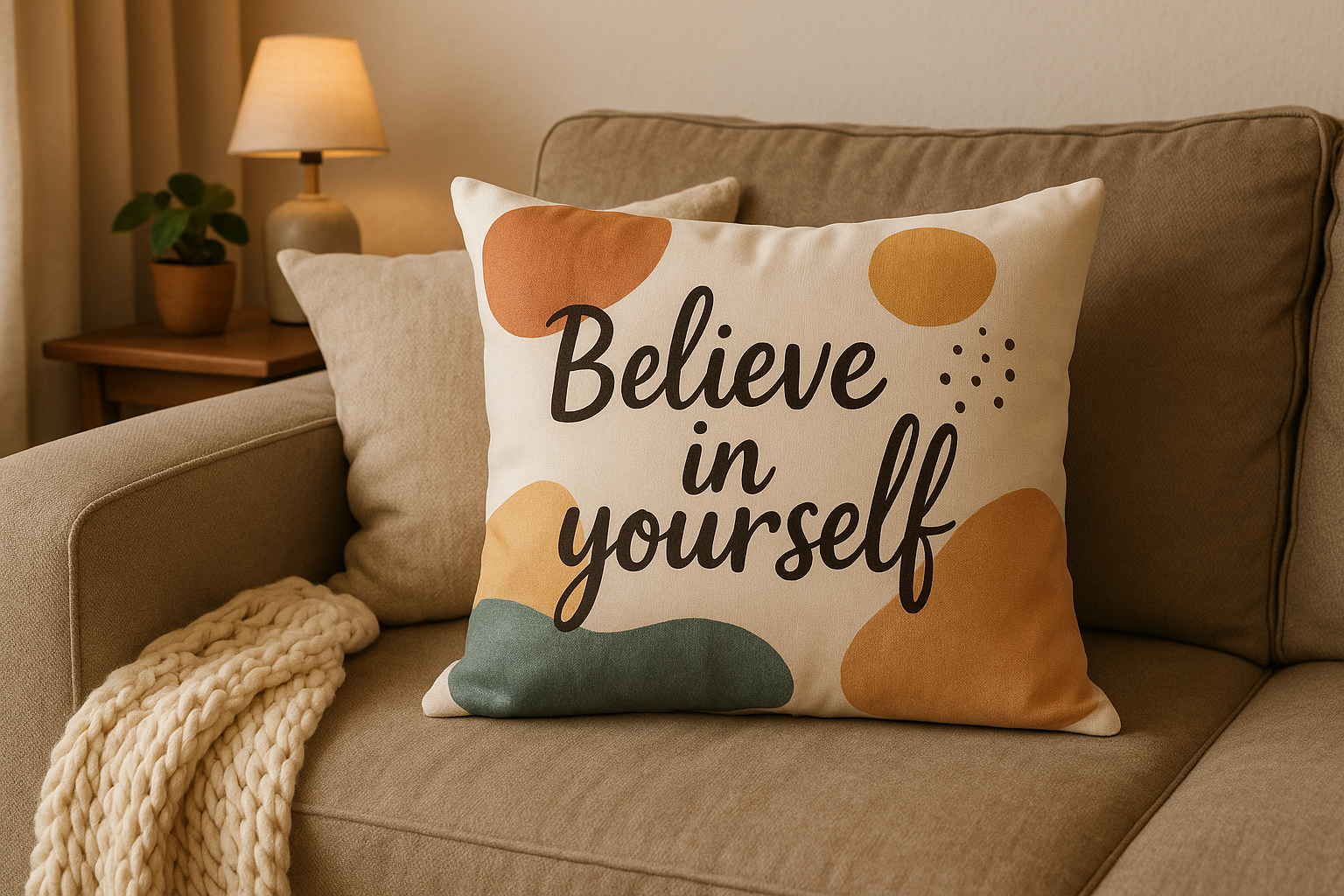 Un cojín decorativo personalizado en un sofá con un diseño abstracto y cita inspiracional