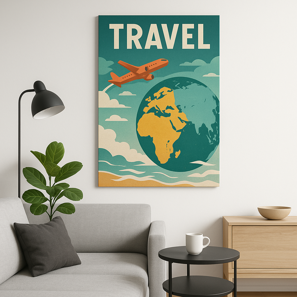Un póster original y moderno con un diseño artístico de temática de viaje en una pared blanca