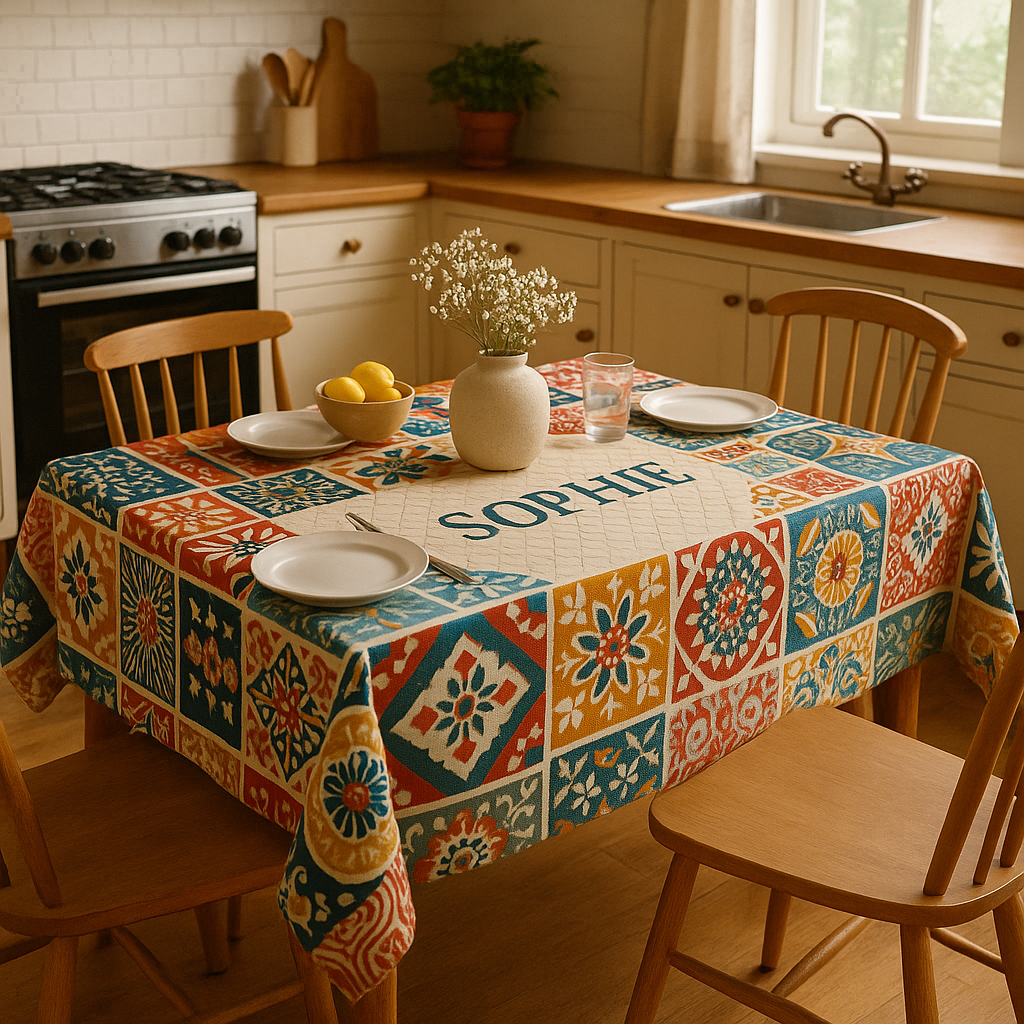 Mesa de comedor con mantel personalizado y un ambiente de cocina acogedor