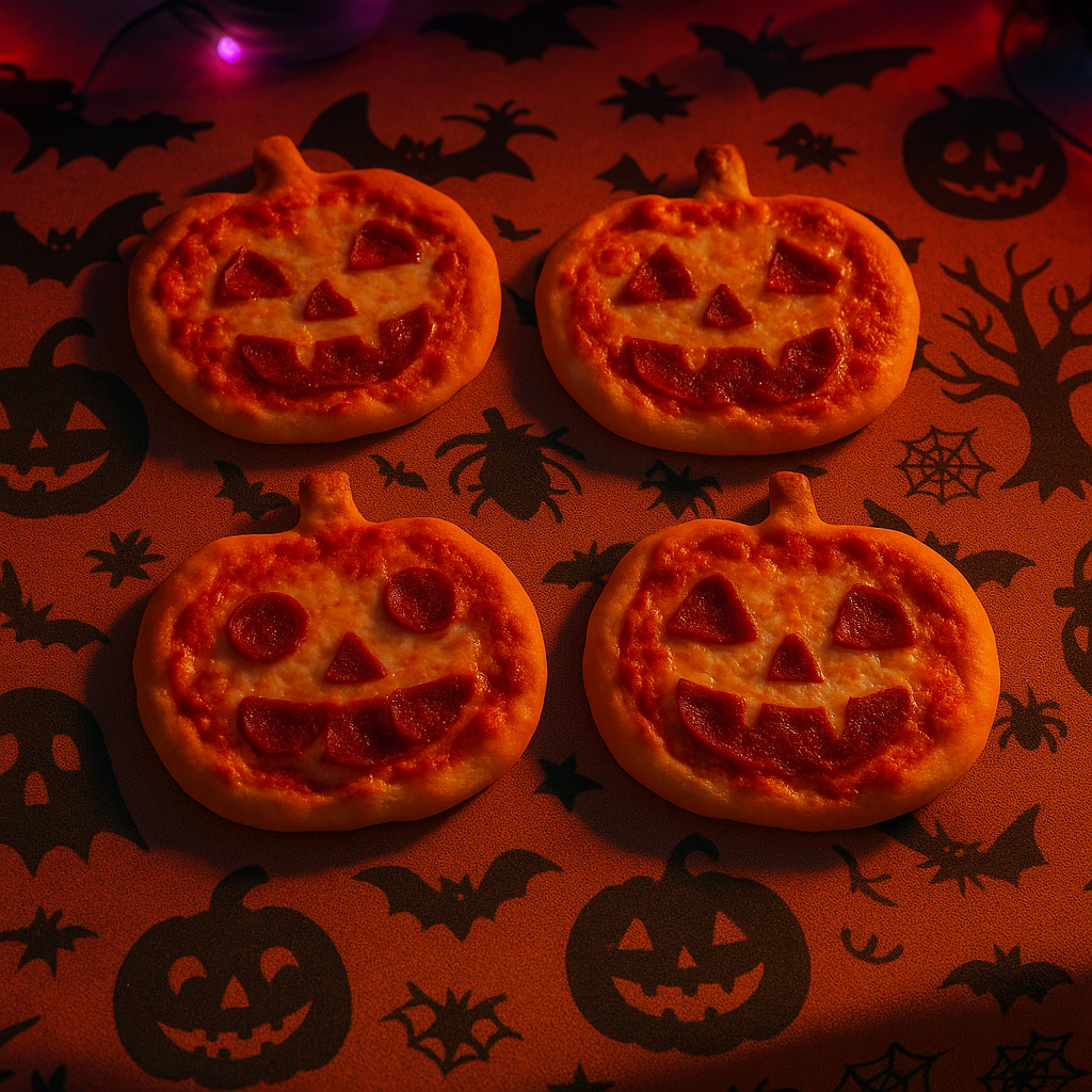 Pumpkin-shaped pizzas on a Halloween-themed tablecloth