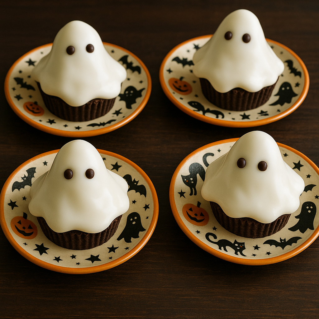Ghost cupcakes atop personalised Halloween plates