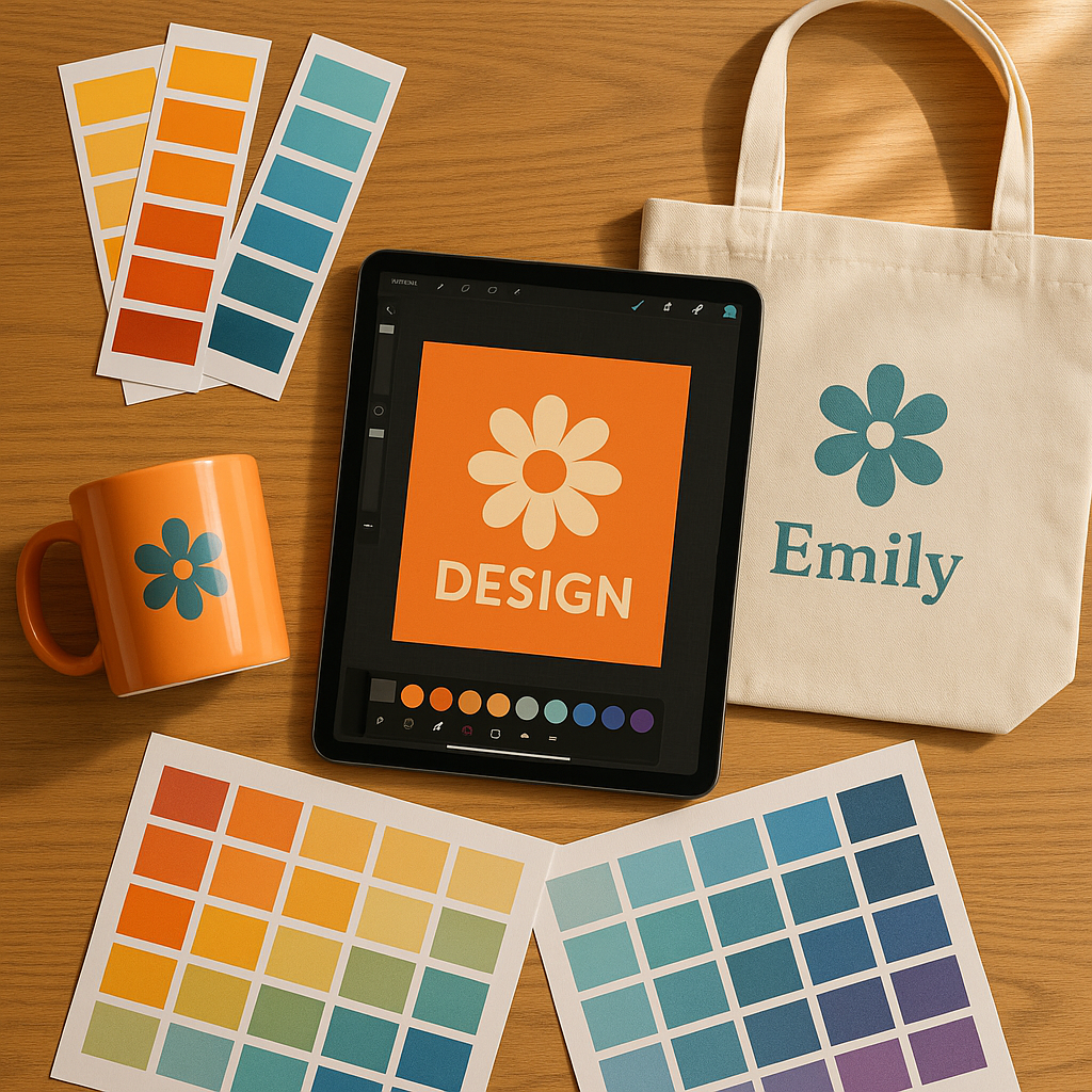 Espacio de trabajo de un diseñador con muestras de color y productos personalizados como tazas y bolsos en colores complementarios