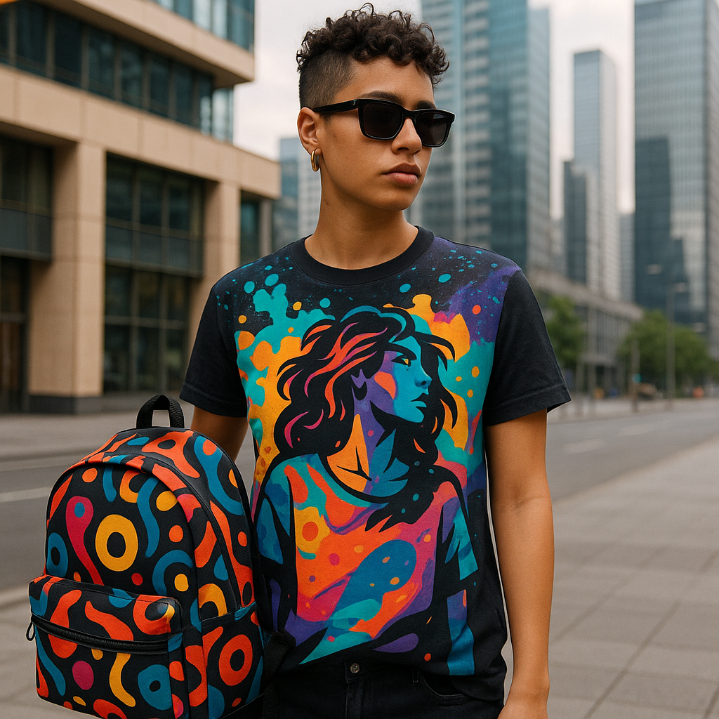Persona joven con una camiseta personalizada de diseño vibrante y una mochila con patrón único en un entorno urbano moderno.