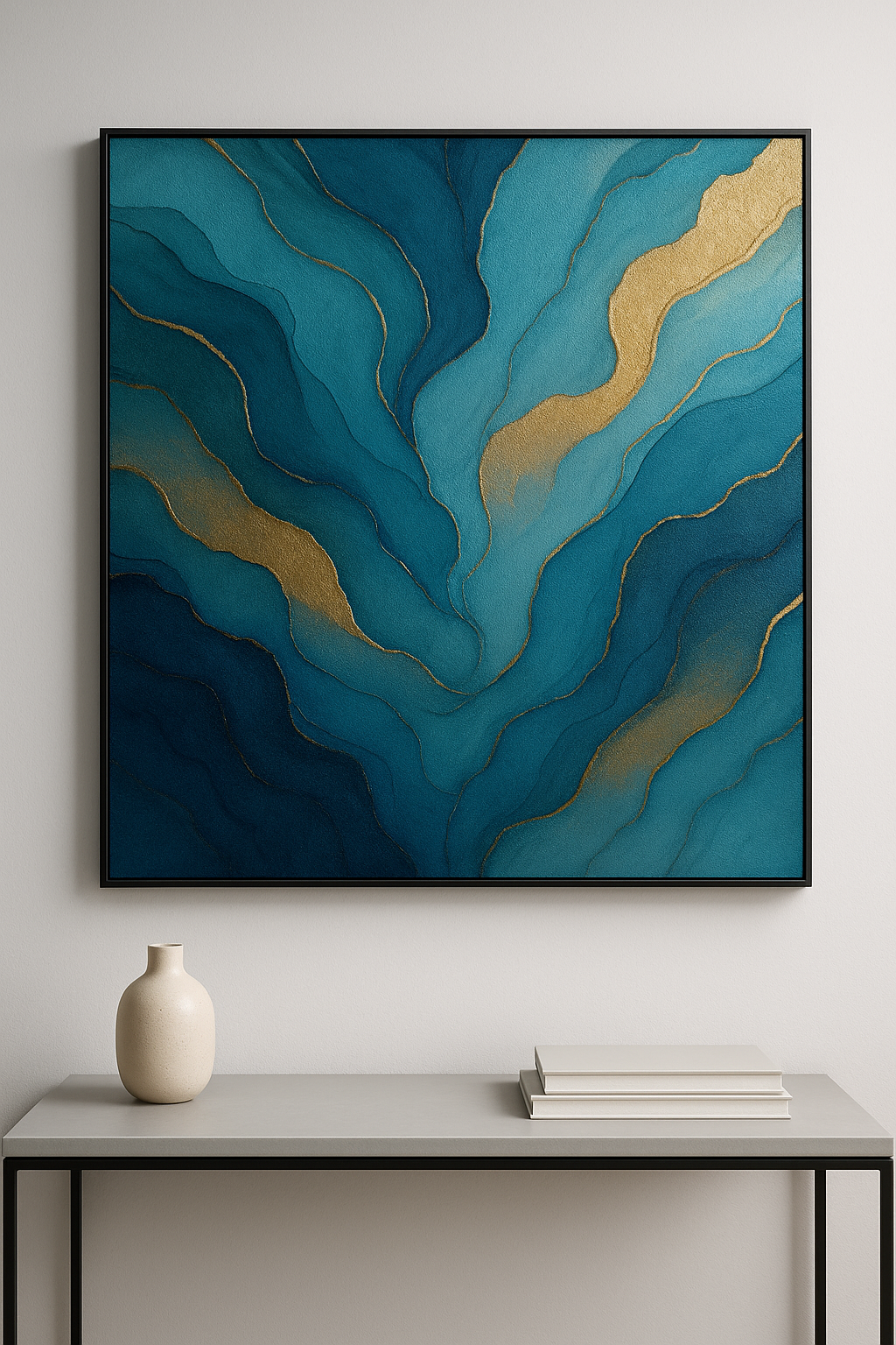 Cuadro personalizado con diseño abstracto en tonos azules y dorados en una pared minimalista
