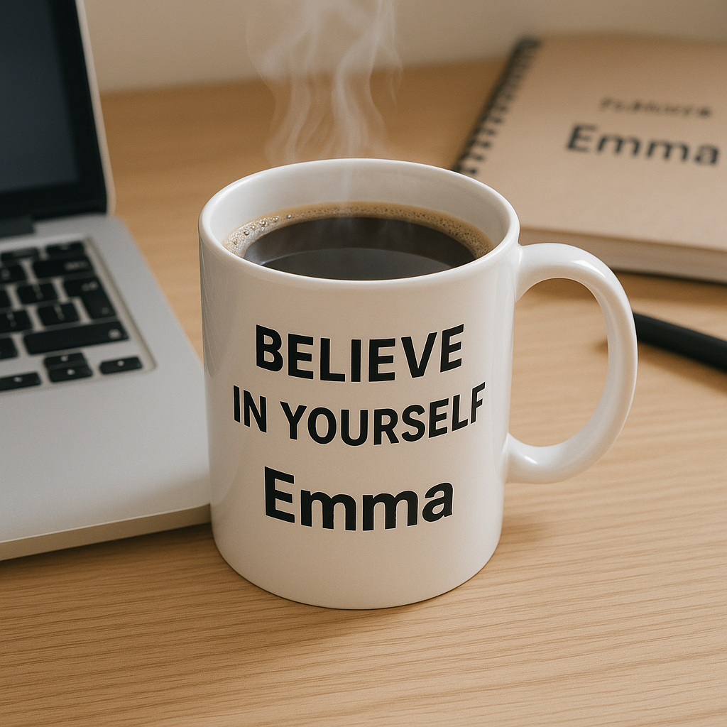 Taza personalizada con una frase inspiradora junto a un portátil en un escritorio ordenado