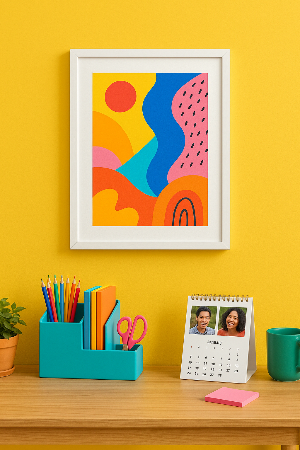 Pared de oficina en casa decorada con un cuadro personalizado y un escritorio con organizador y calendario a medida