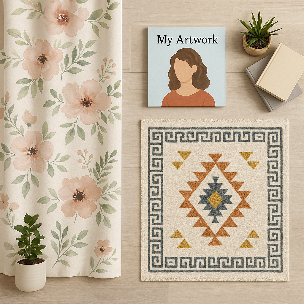 Vista plana de accesorios personalizados para el hogar, como cortinas con estampados florales, una alfombra con diseños geométricos y un lienzo con arte personal, sobre un suelo de madera clara.