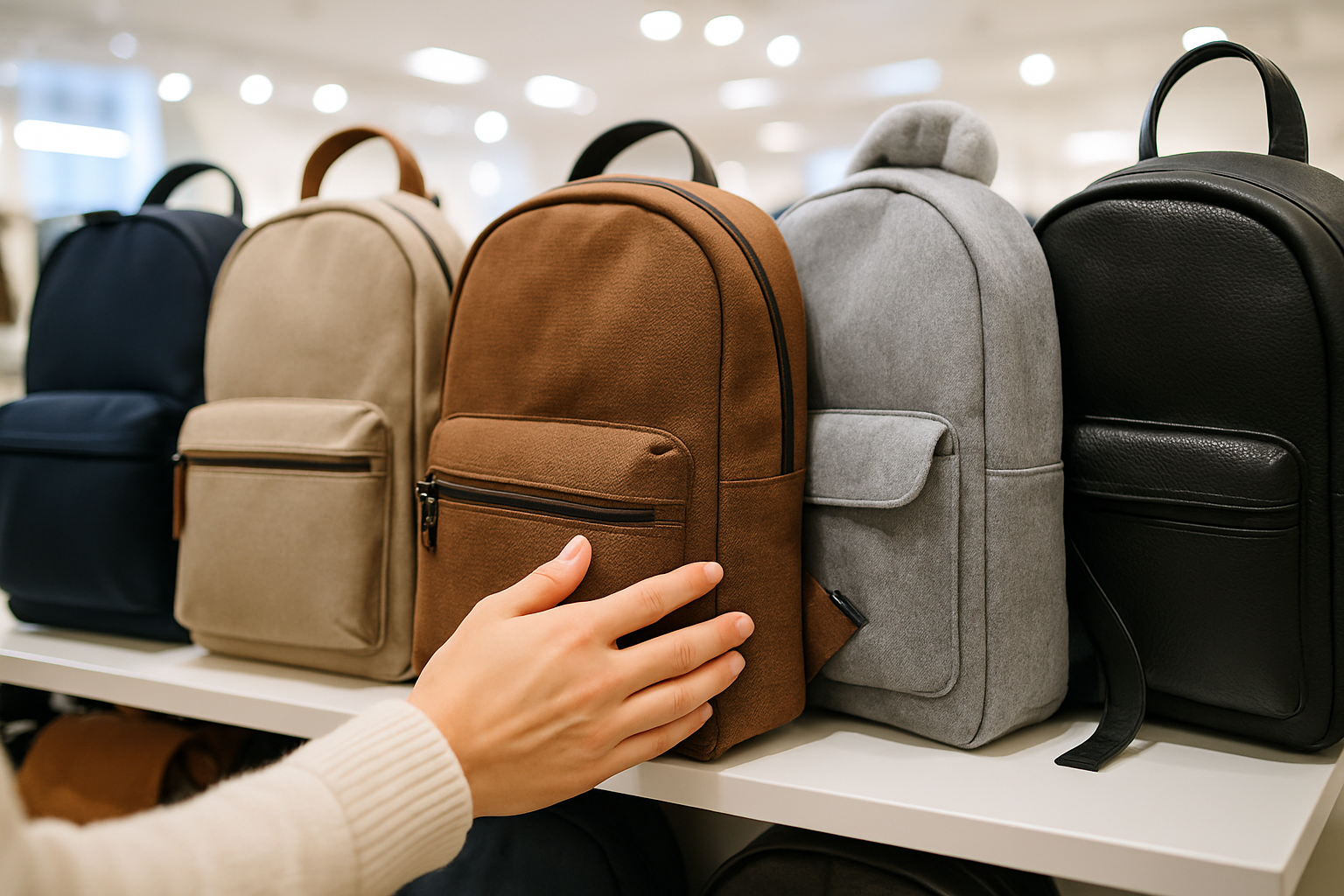 Persona eligiendo una mochila de diferentes estilos y materiales en una tienda moderna
