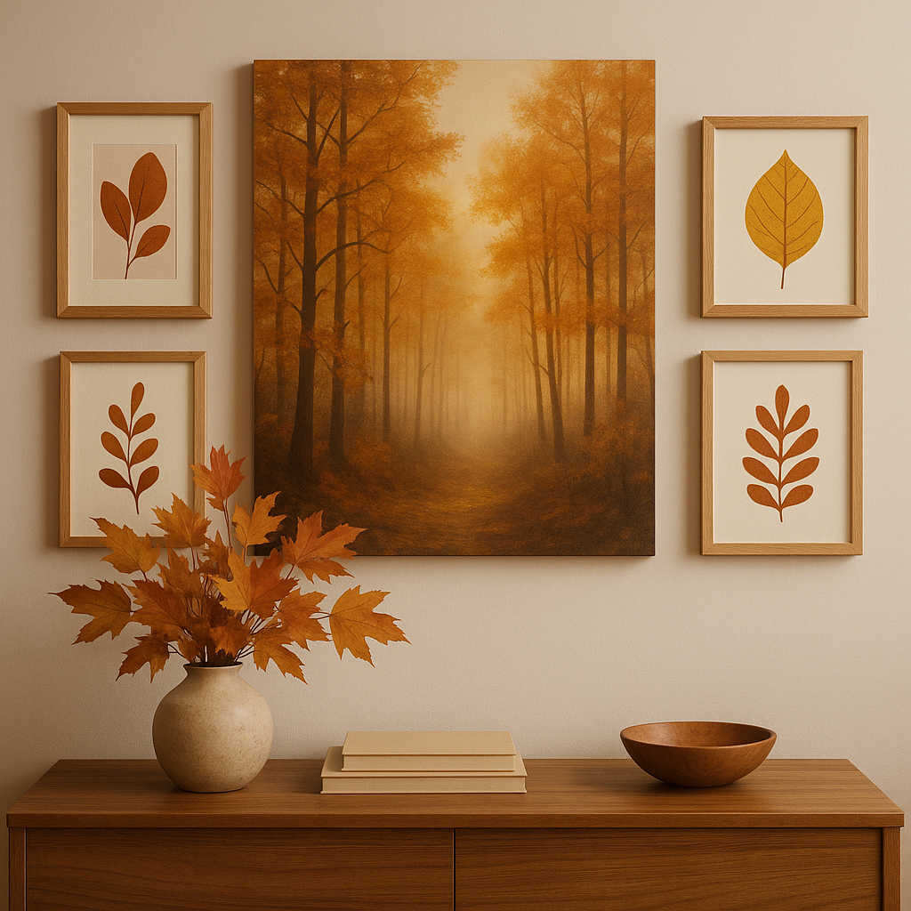 Autumn-inspired wall art display featuring a forest canvas print and smaller leaf designs in a modern home