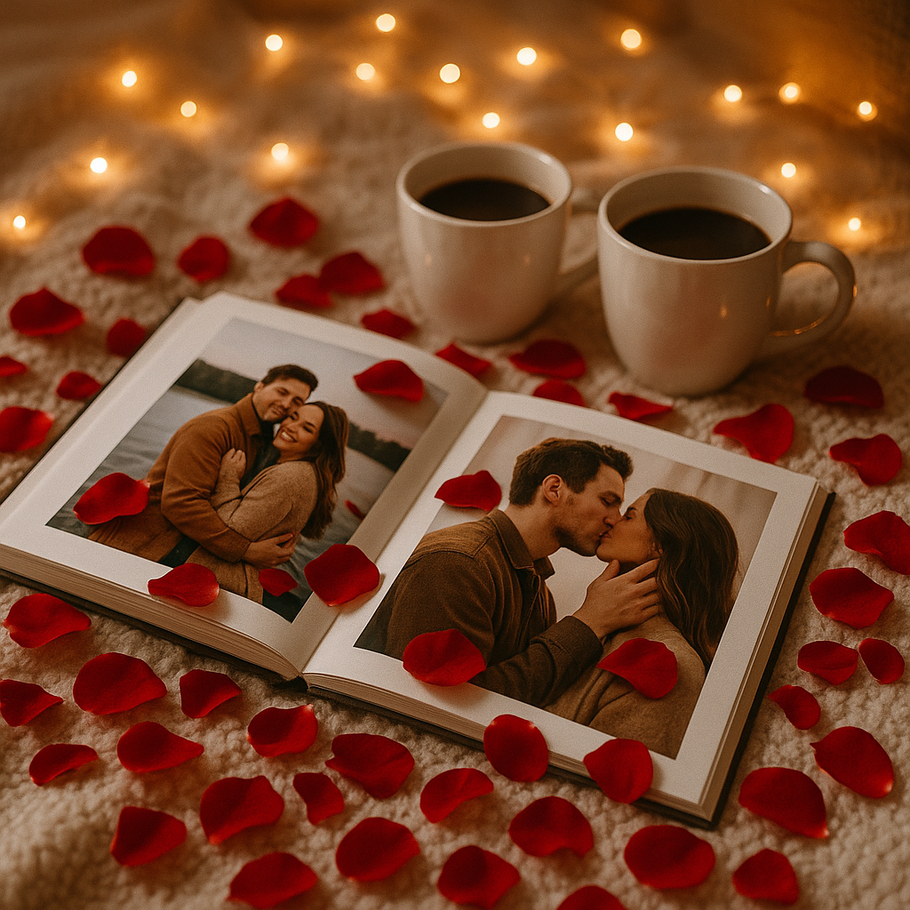 Romantic photo book display with rose petals and fairy lights