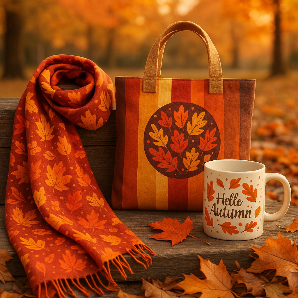 Display of custom autumn-themed products including a scarf, tote bag, and mug surrounded by fallen leaves