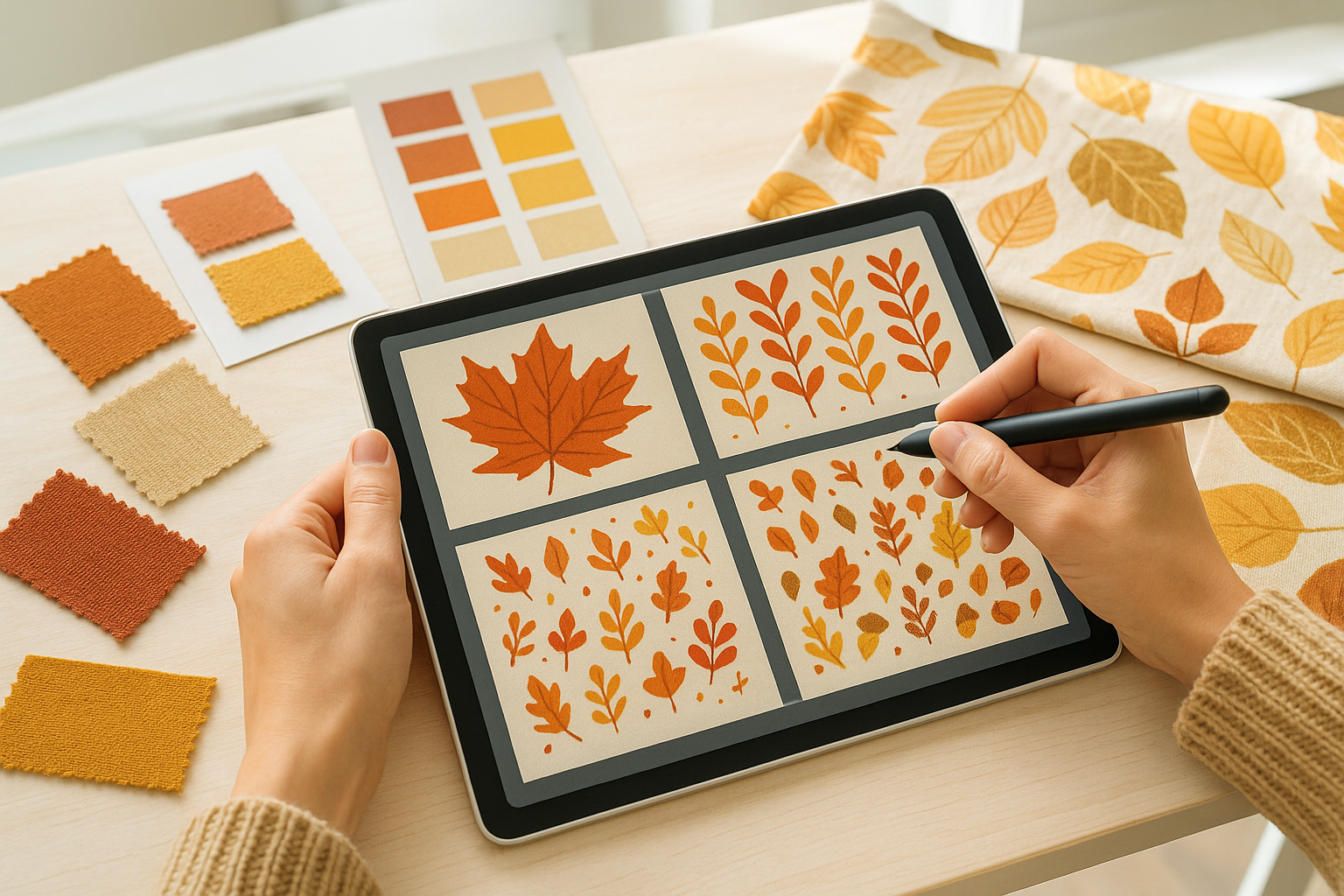 Designer working on autumn-inspired patterns on a digital tablet in a modern studio