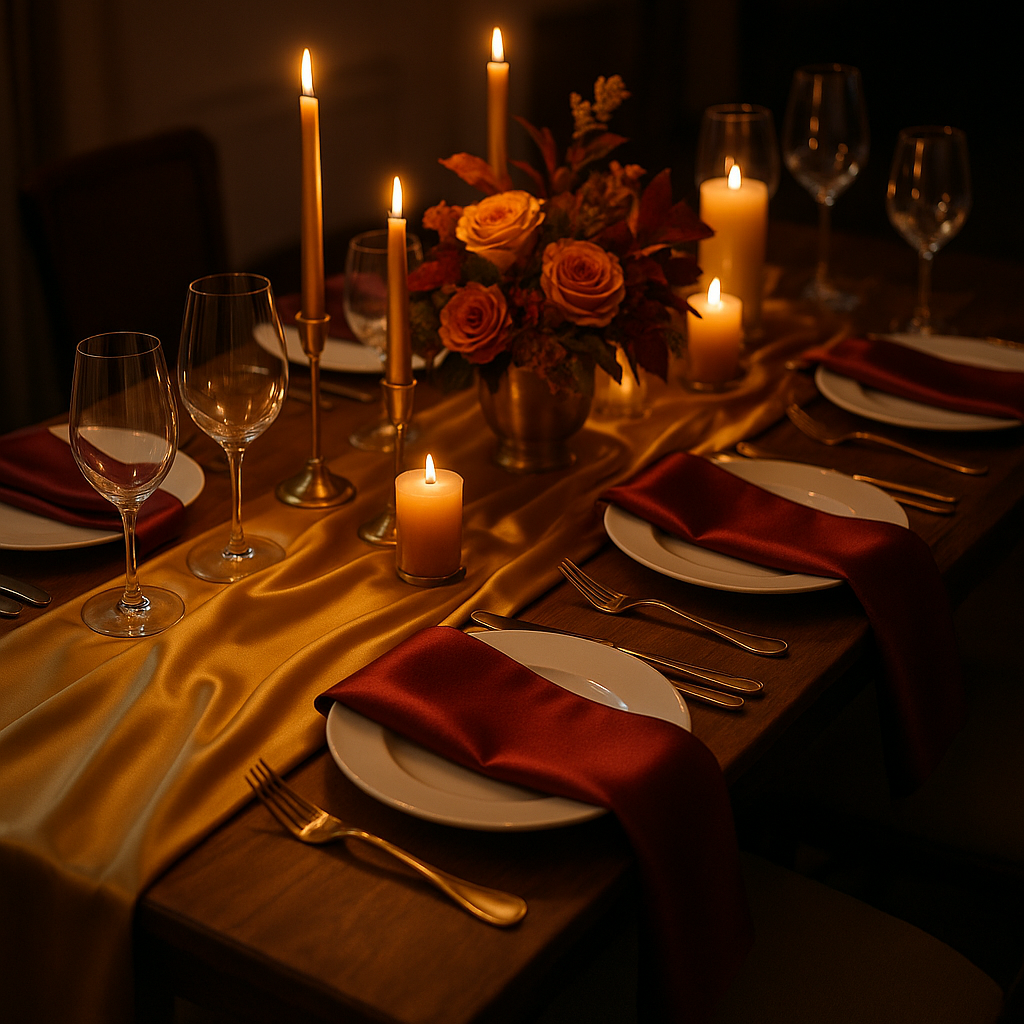 Satin table decor in autumn hues set for a festive dinner