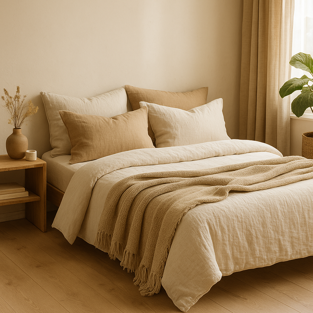 Bedroom scene featuring organic cotton bedding in warm tones