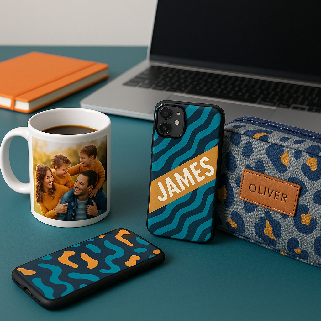Personalised men’s lifestyle gifts including a photo mug, custom phone case, and wash bag arranged on a modern desk.