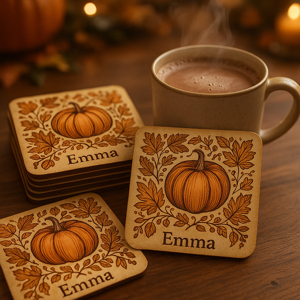 Personalised autumn coasters with pumpkin designs next to a mug of hot chocolate