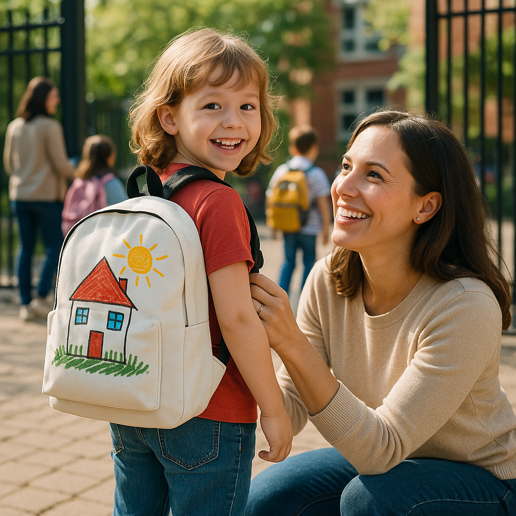 Child with a custom doodle backpack on the first day of school, smiling with a parent