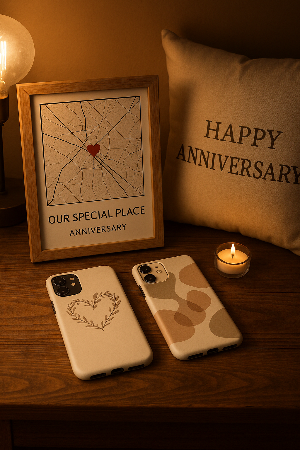 Configuración de regalo de aniversario con mapa personalizado, fundas de teléfono y cojín en mesa de madera.