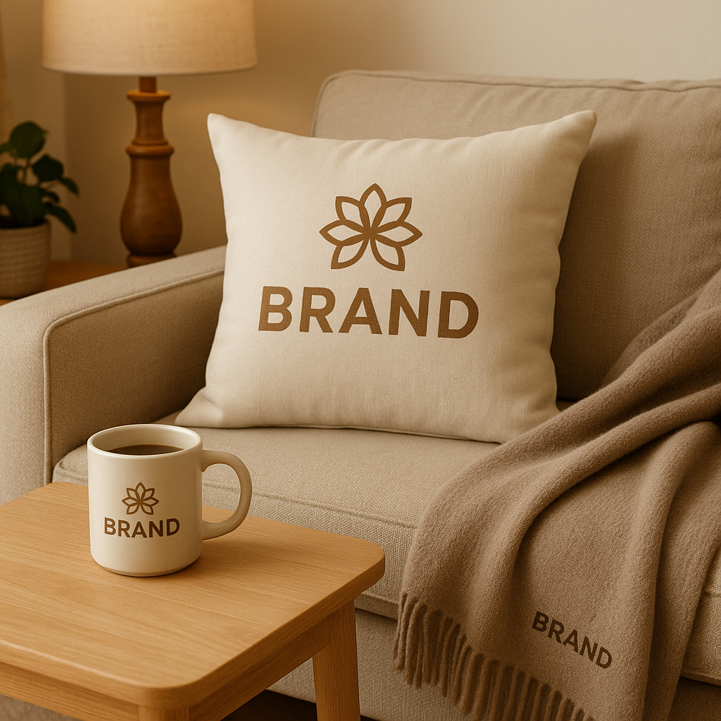 Regalos corporativos personalizados para el hogar, incluyendo un cojín, una taza y una manta en un ambiente acogedor.