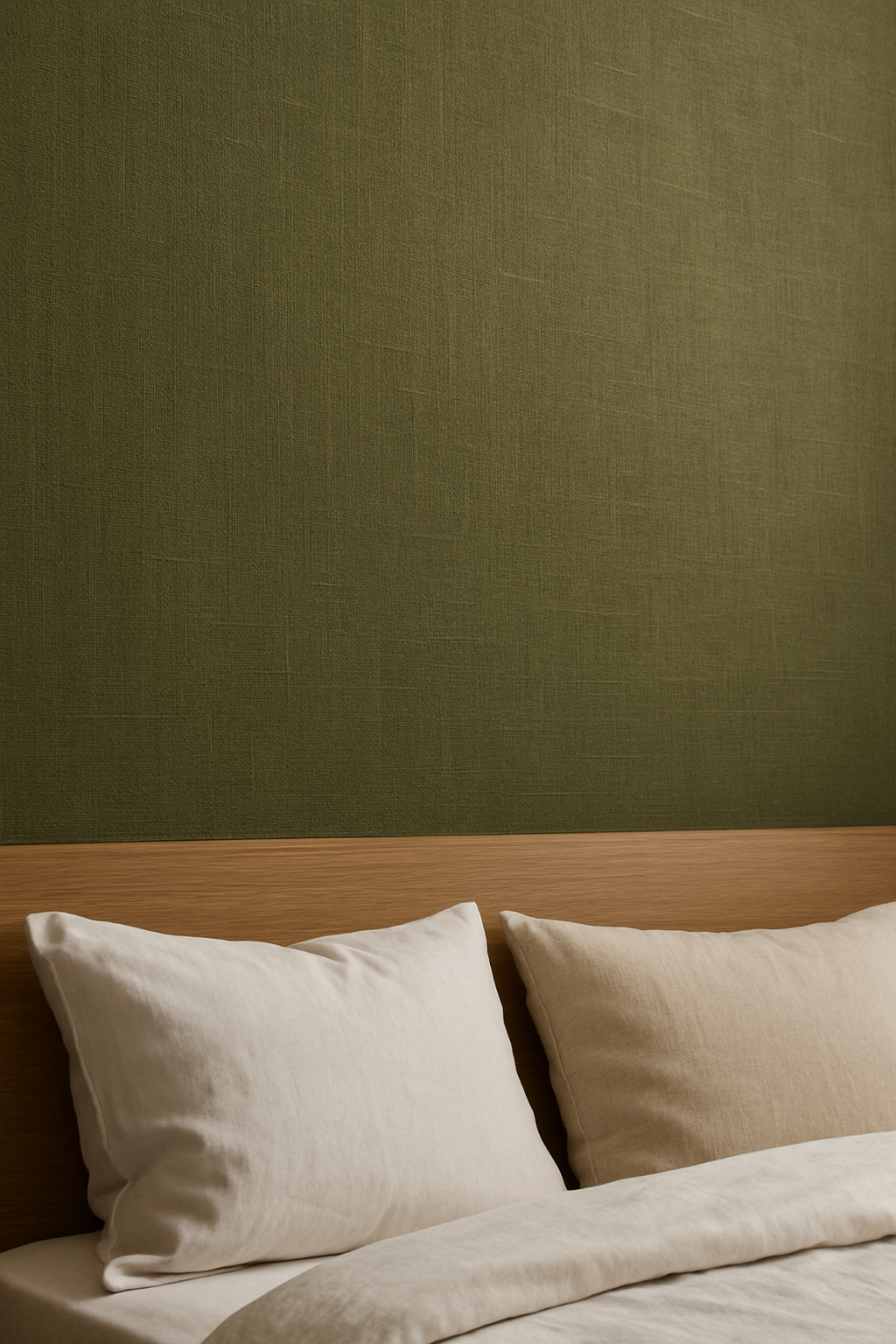 Textured olive green wallpaper in a modern bedroom setting