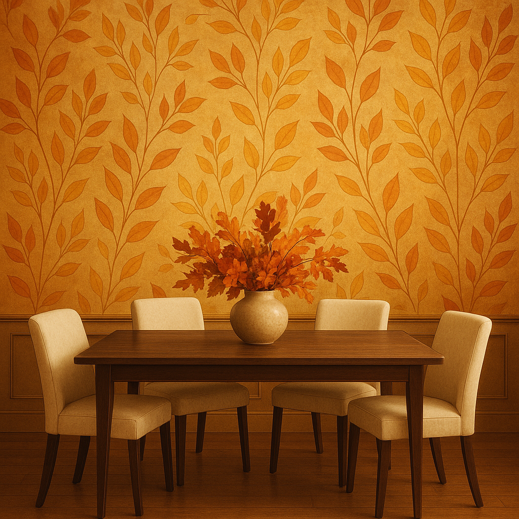 Dining room with custom autumn leaf wallpaper and elegant seasonal décor