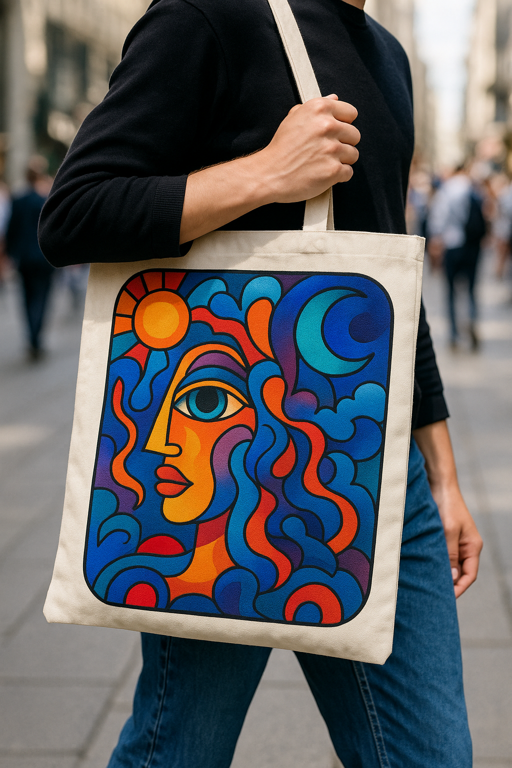 A person carrying a personalised tote bag with a vibrant, unique design while walking through a lively city street.