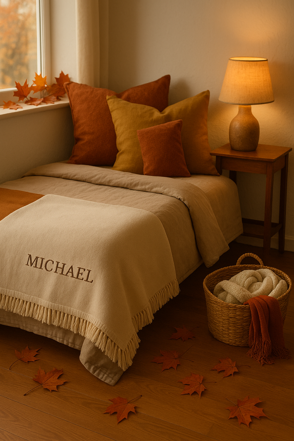 Bedroom corner styled for fall with a custom cotton throw, pillows, and warm lighting.