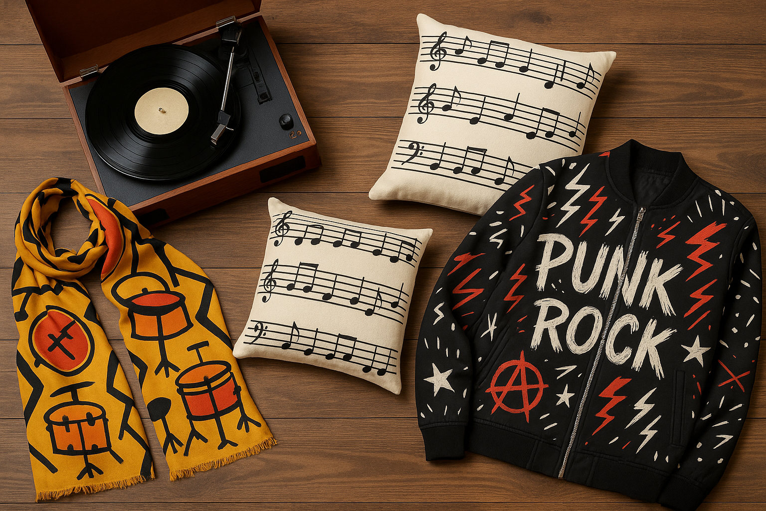 Customised music-inspired products like a scarf, cushion, and jacket with unique prints, displayed on a wooden table with a record player.