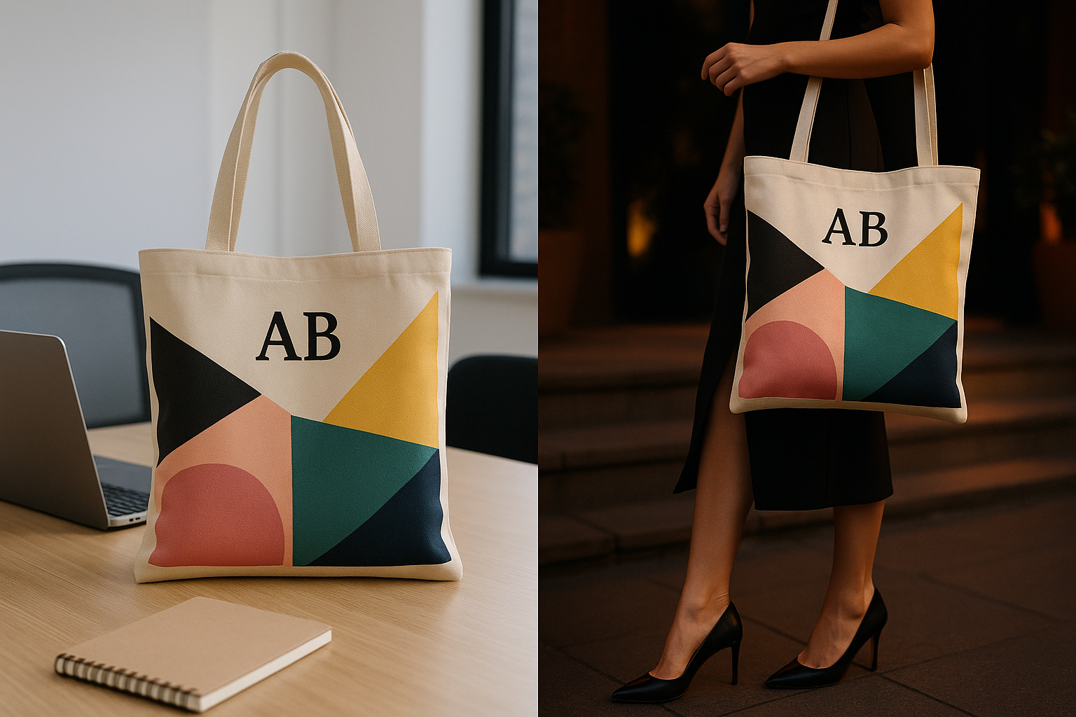 Personalised tote bag styled for office and evening settings