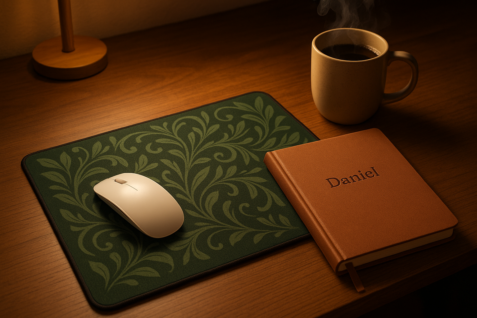 Cosy home office desk setup with custom desk accessories and warm lighting