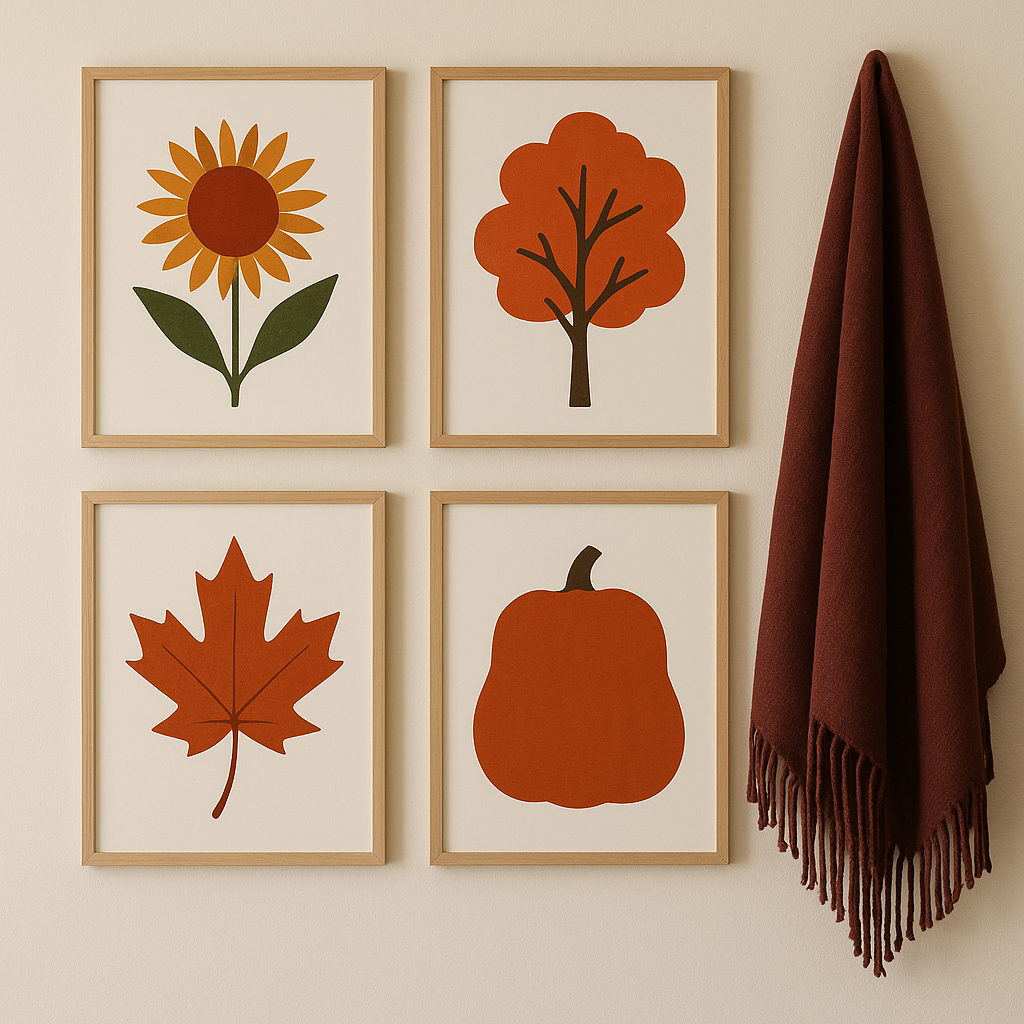 Feature wall with autumn-inspired art and a draped throw blanket in a home office