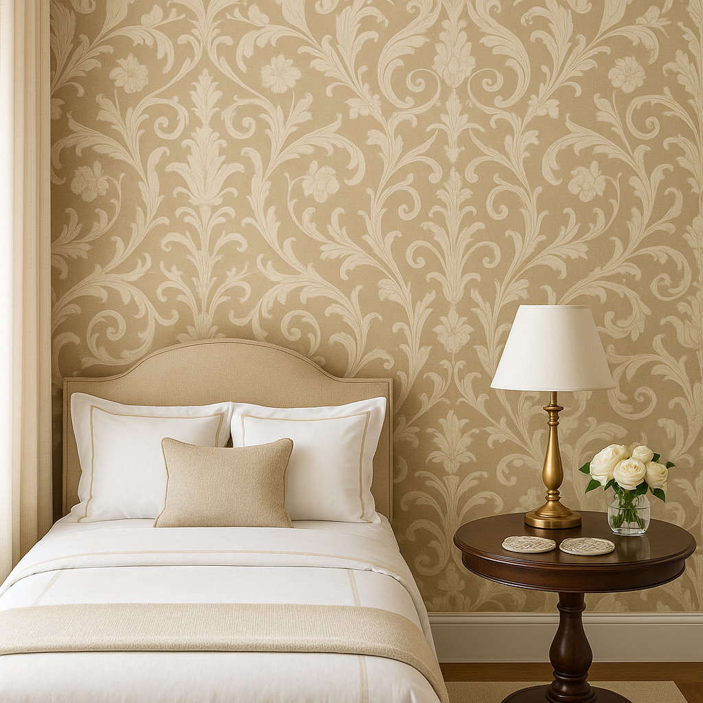A chic guest room with unique custom wallpaper and stylish coasters