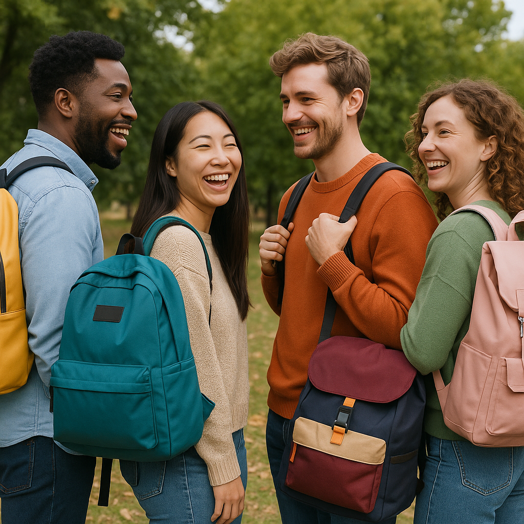 Grupo de personas diversas probando mochilas personalizadas, mostrando pruebas de usuario.