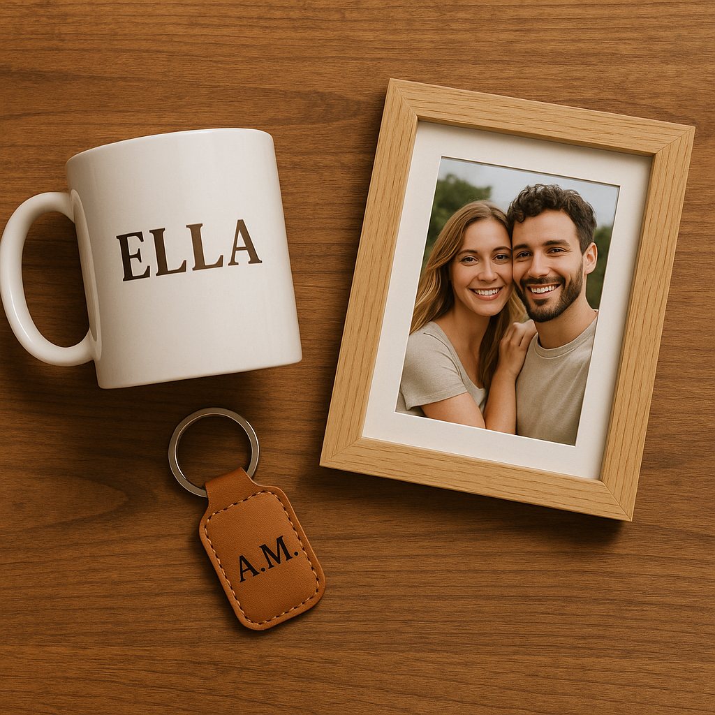 Regalos personalizados sobre una mesa de madera