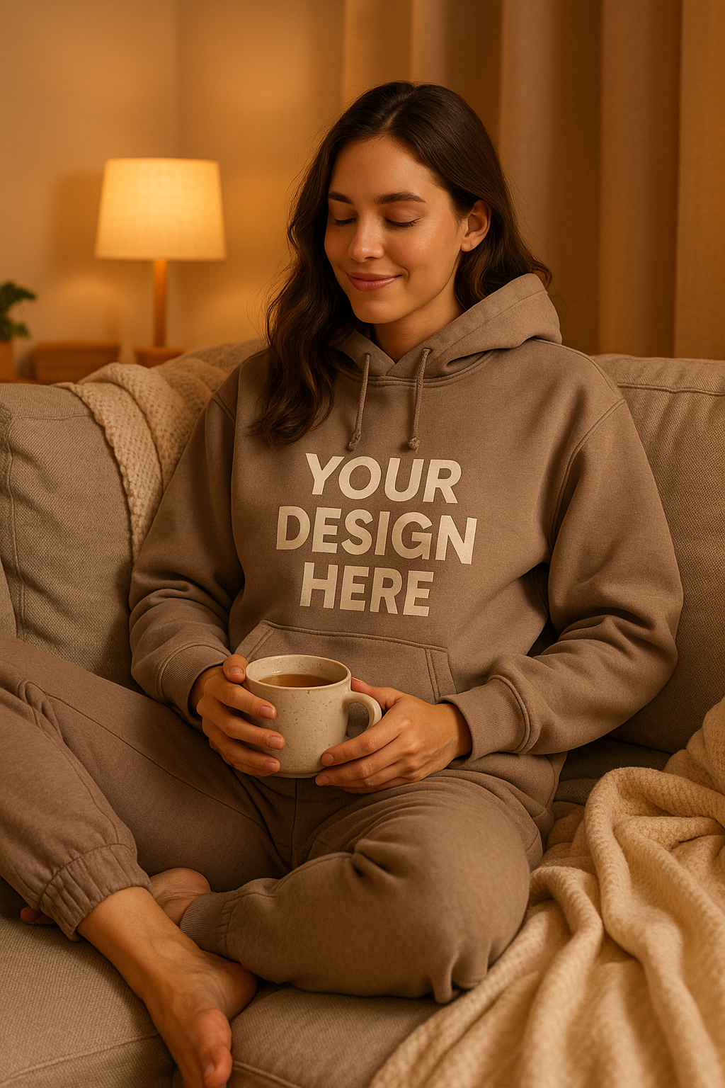 Individual relaxing at home in a personalised hoodie, enjoying a cosy loungewear setup