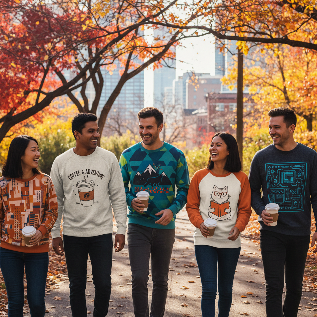Grupo de personas con sudaderas personalizadas caminando en un parque urbano en otoño