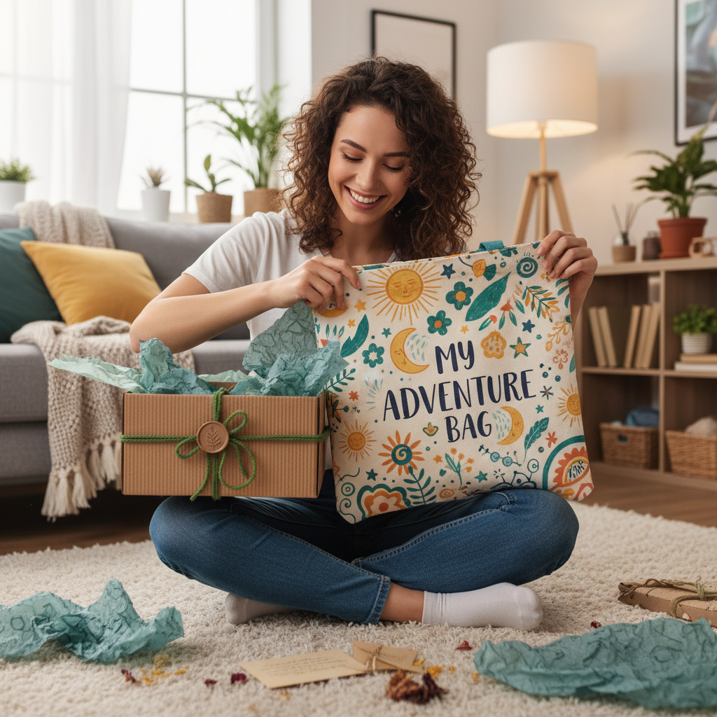 Customer unboxing a custom bag with eco-friendly packaging at home