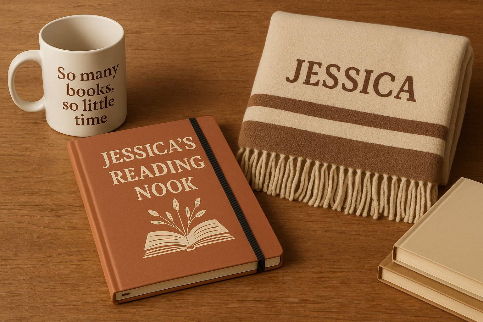 Personalised accessories for a reading nook, including a custom mug, notebook, and throw on a wooden surface.