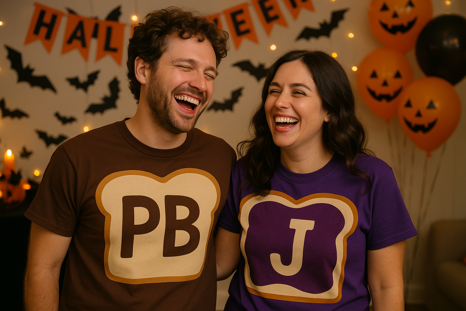 Couple in funny peanut butter and jelly Halloween costumes with custom T-shirts, enjoying a festive party setting.