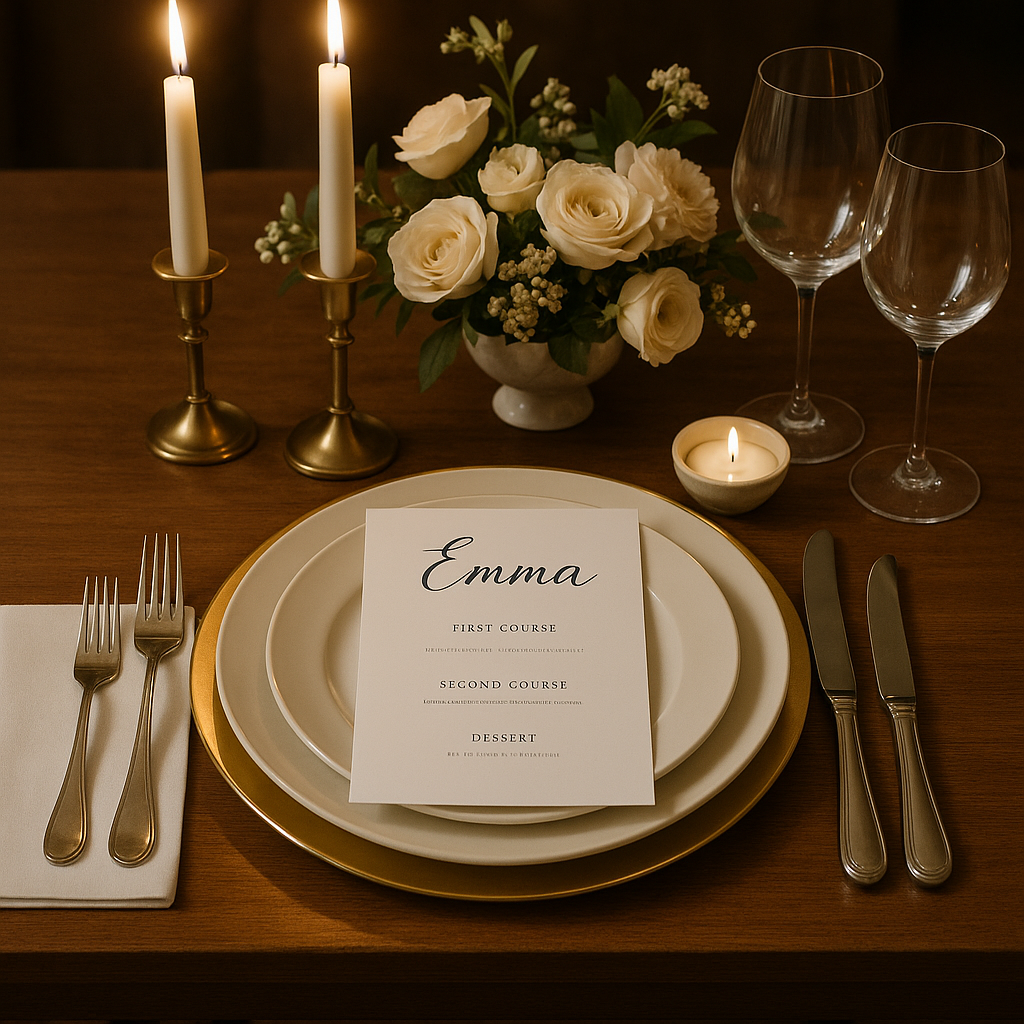 Elegant dining setup with personalized tableware and stylish decor.