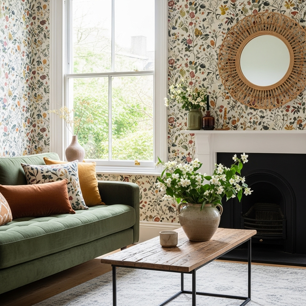 An elegantly designed room adorned with floral sustainable wallpaper, highlighting eco-friendly interior design.