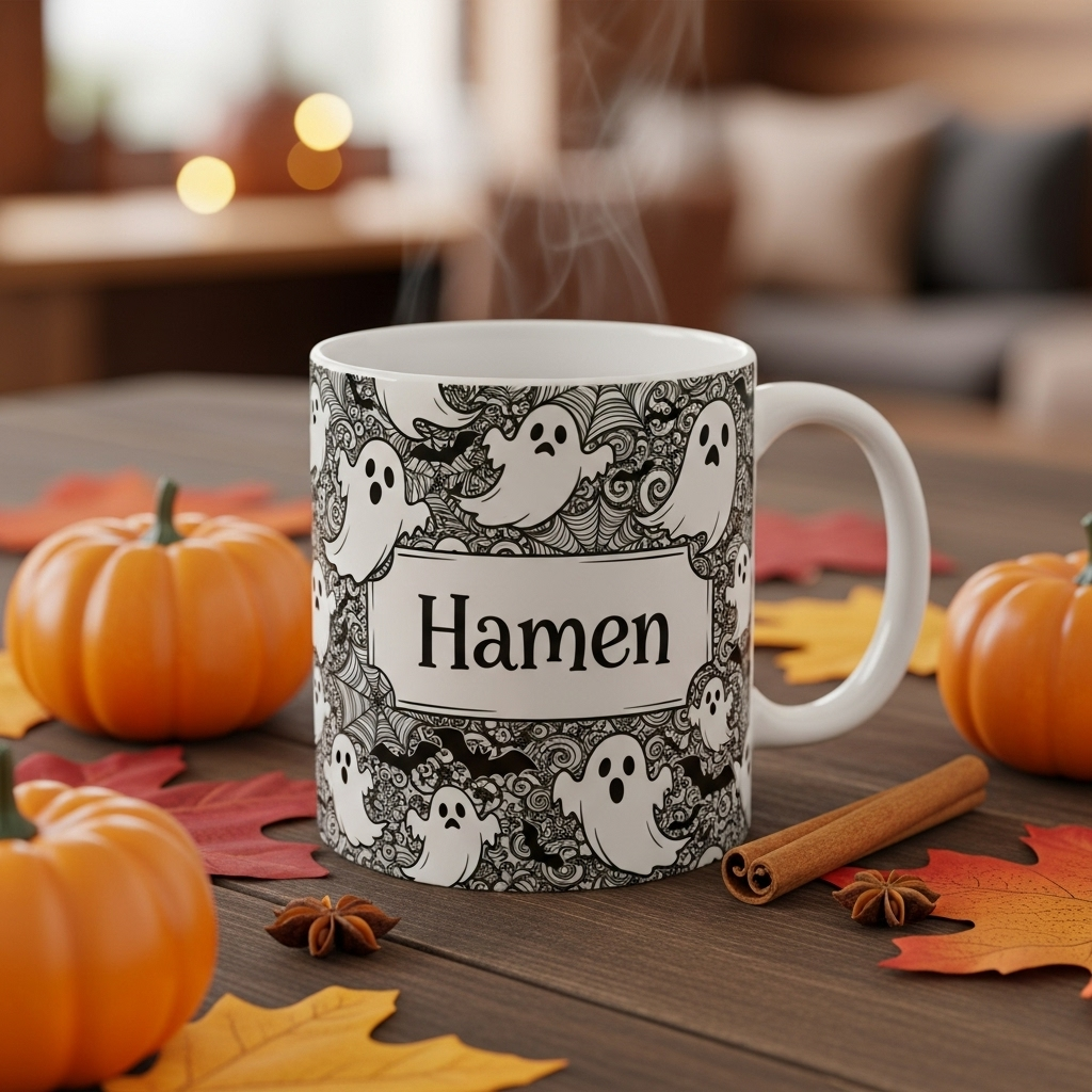 Personalised Halloween mug with ghost and bat design on a rustic table