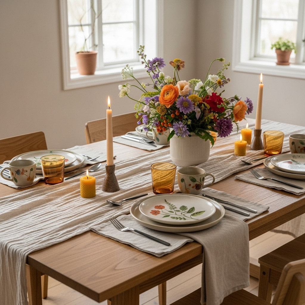Mesa de comedor elegante con vajilla personalizada y textiles sostenibles para el hogar.