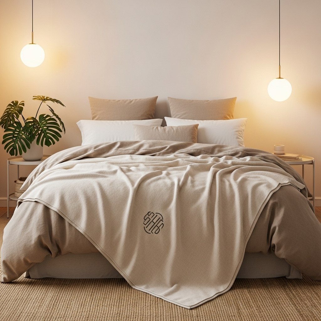 Dormitorio minimalista con ropa de cama sostenible y manta personalizada en tonos naturales.